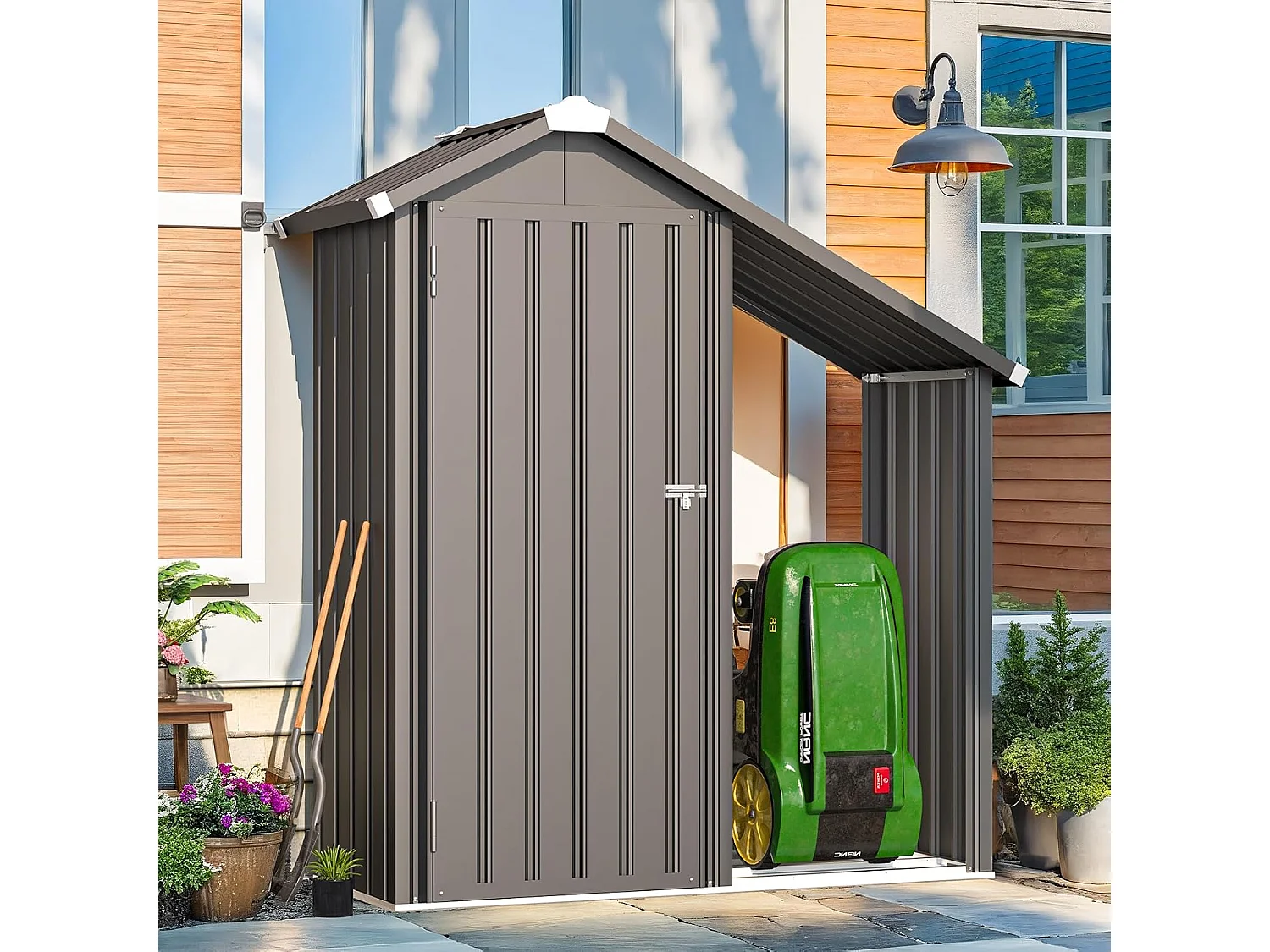 YODOLLA Gartenschrank mit Metallregalen, wetterfester Gerätehaus mit Spitzdach für Terrasse & Garten, Grau