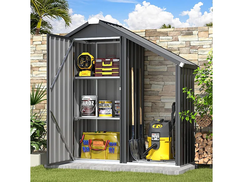 YODOLLA Gartenschrank mit Metallregalen, wetterfester Gerätehaus mit Spitzdach für Terrasse & Garten, Grau