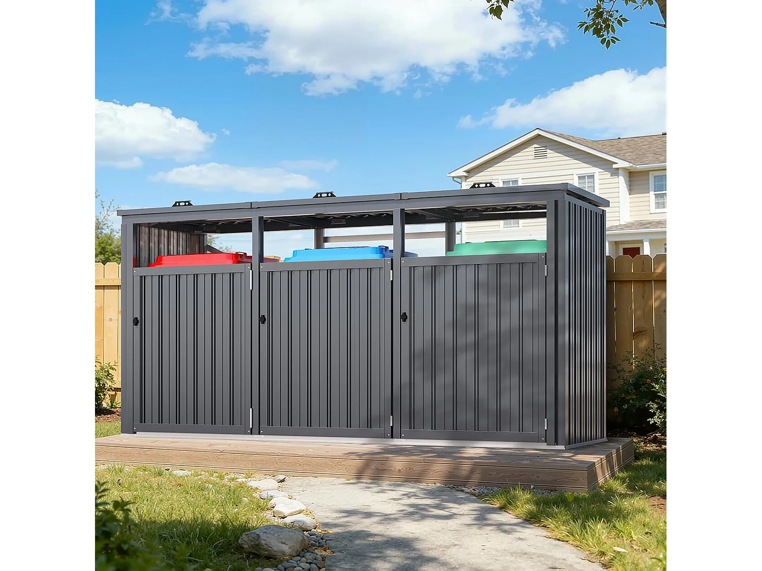 YODOLLA Mülltonnenbox für 3 Tonnen bis 240L, abschließbar und wetterfest für Außenbereich, 236x79x124cm, Dunkelgrau