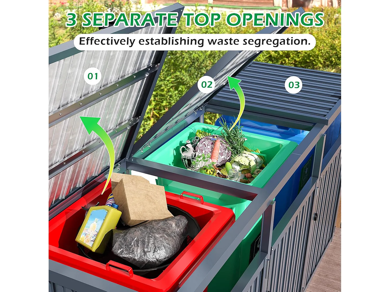 YODOLLA Mülltonnenbox für 3 Tonnen bis 240L, abschließbar und wetterfest für Außenbereich, 236x79x124cm, Dunkelgrau