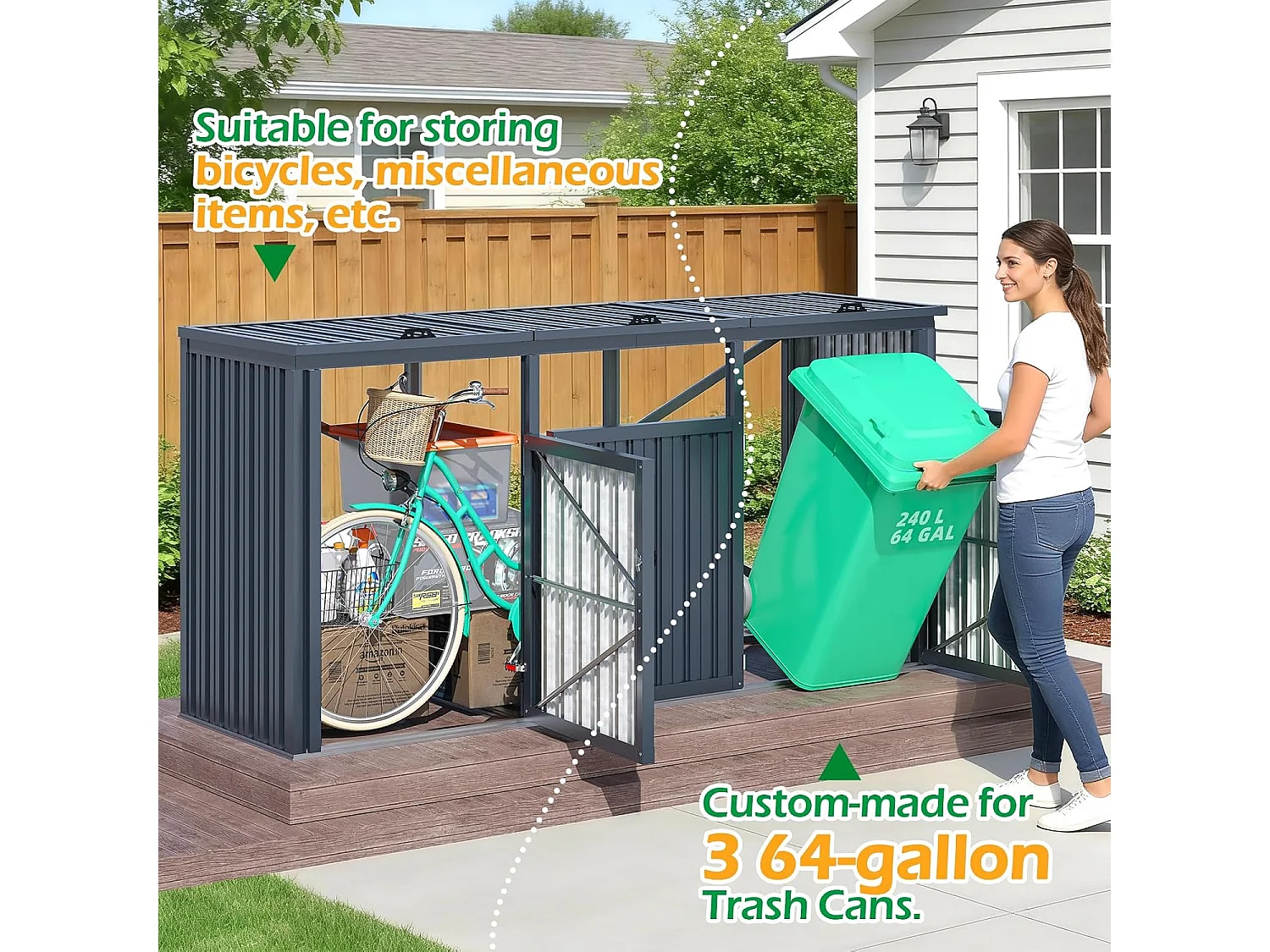 YODOLLA Mülltonnenbox für 3 Tonnen bis 240L, abschließbar und wetterfest für Außenbereich, 236x79x124cm, Dunkelgrau