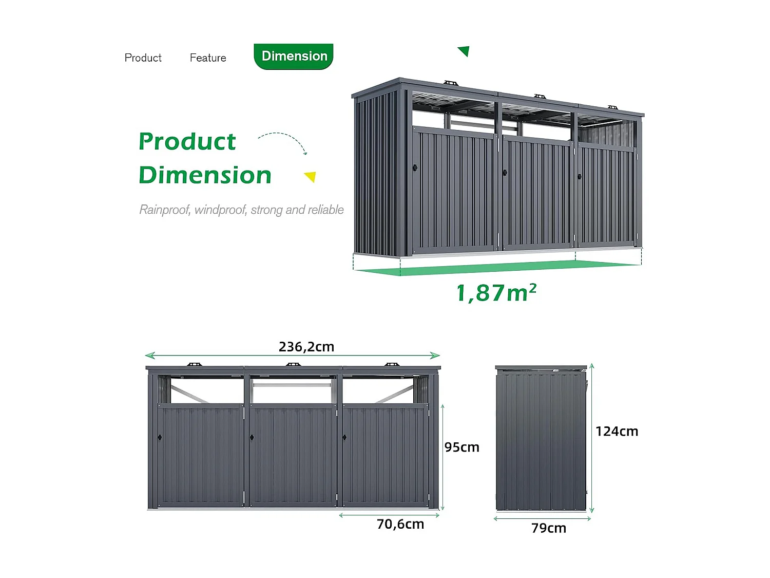 YODOLLA Mülltonnenbox für 3 Tonnen bis 240L, abschließbar und wetterfest für Außenbereich, 236x79x124cm, Dunkelgrau