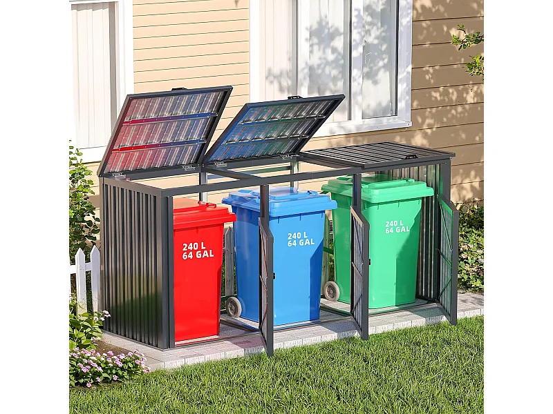 YODOLLA Mülltonnenbox für 3 Tonnen bis 240L, abschließbar und wetterfest für Außenbereich, 236x79x124cm, Dunkelgrau