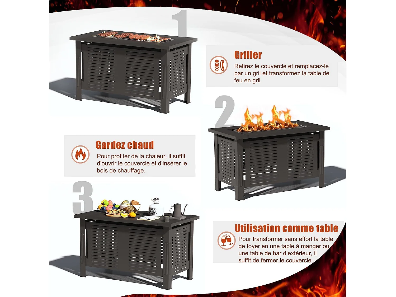YODOLLA Brasero Extérieur 3 en 1, Table à Feu et Barbecue en Métal pour Terrasse & Jardin, 108x58x63cm
