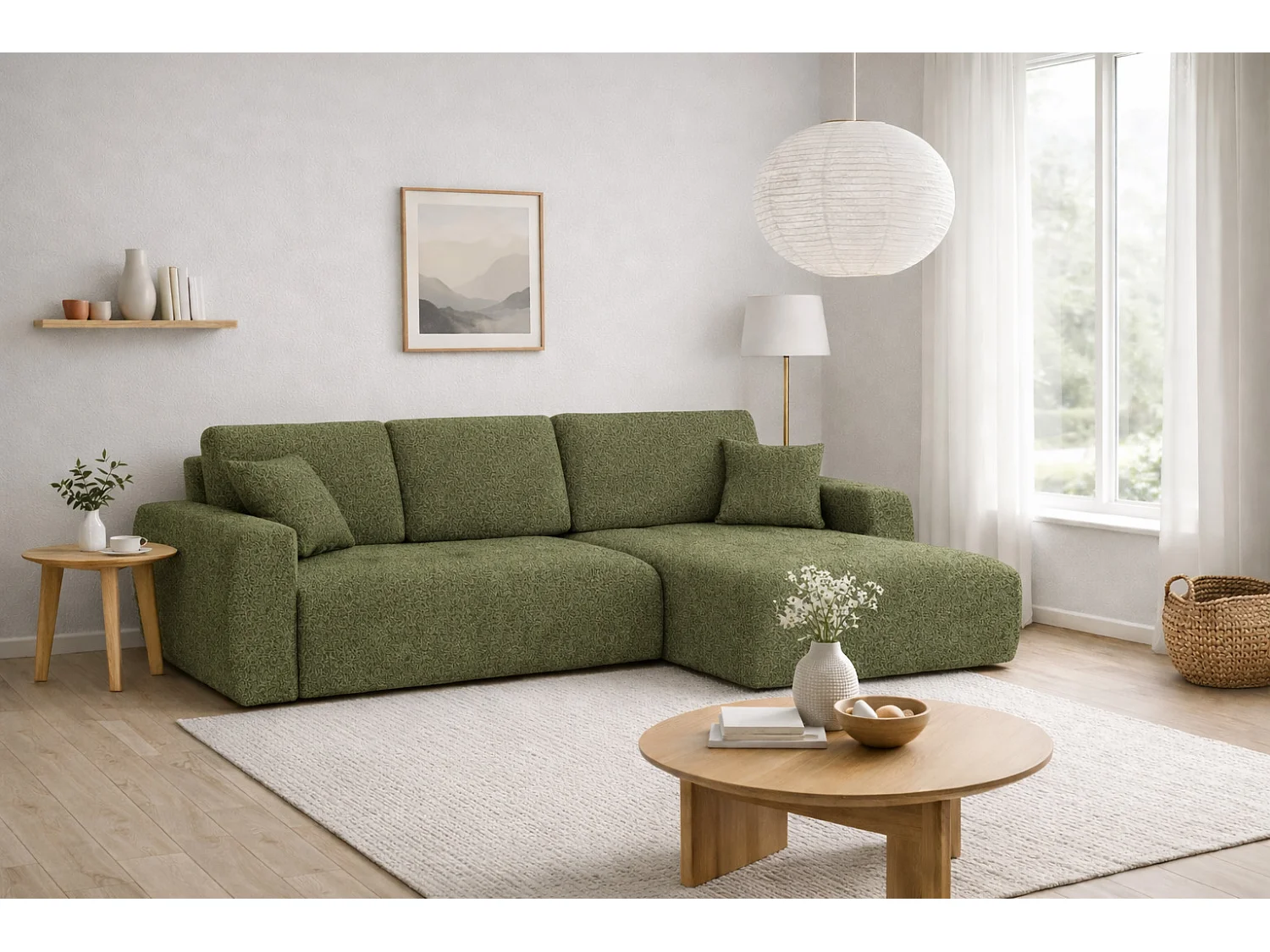 Divano angolare con funzione letto e contenitore a forma di L Ivo XL, tessuto chenille Artico, Moss, Destra