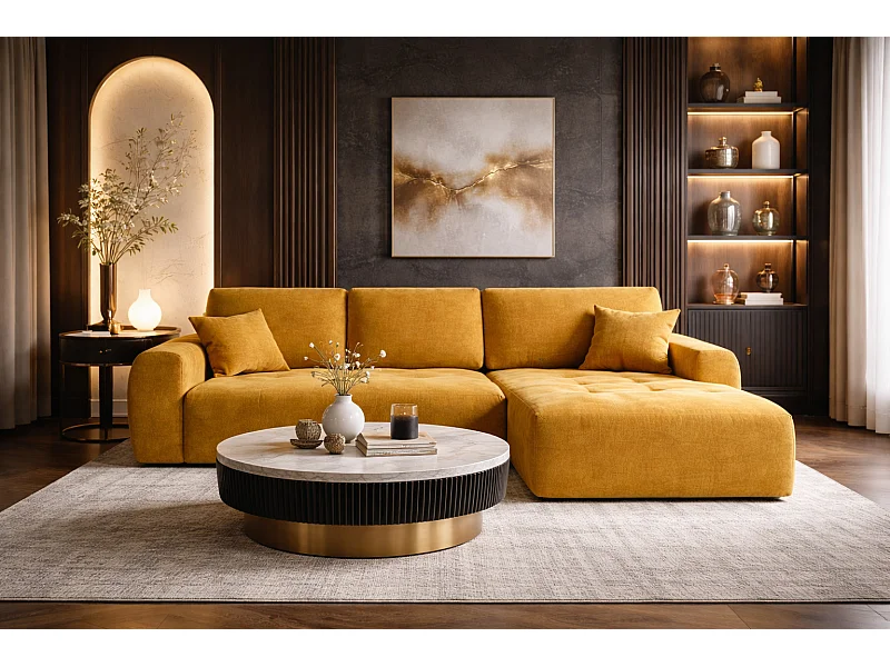 Hoekslaapbank met slaapfunctie en opbergruimte, L-vorm, Ivo XL, veloursstof Salvador, Geel, Rechts