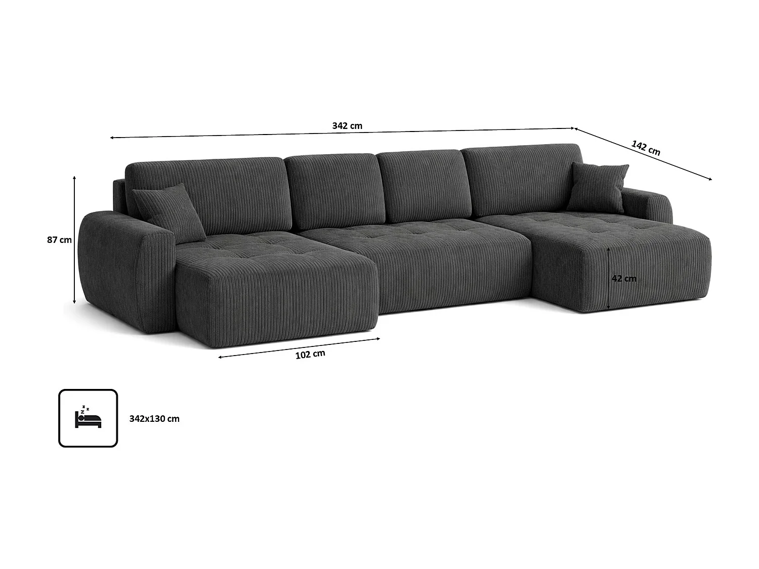 Canapé d’angle en U avec fonction couchage et coffre de rangement Ivo U, velours côtelé Poso, Gris