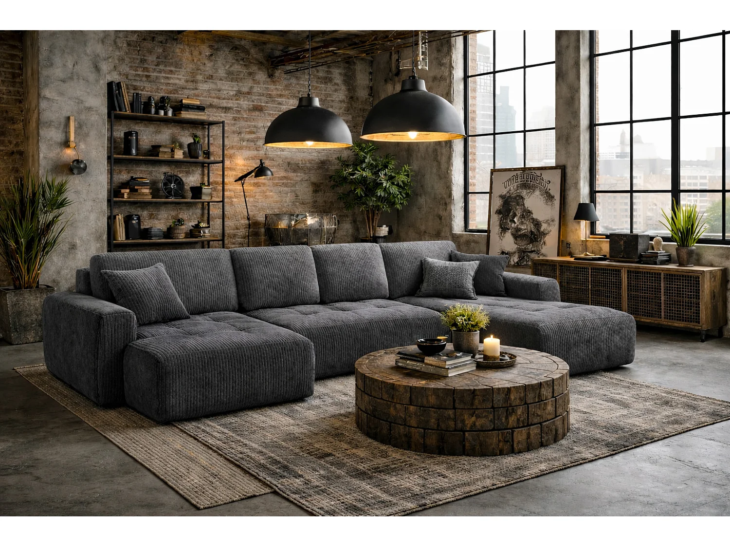 Canapé d’angle en U avec fonction couchage et coffre de rangement Ivo U XL, velours côtelé Poso, Gris