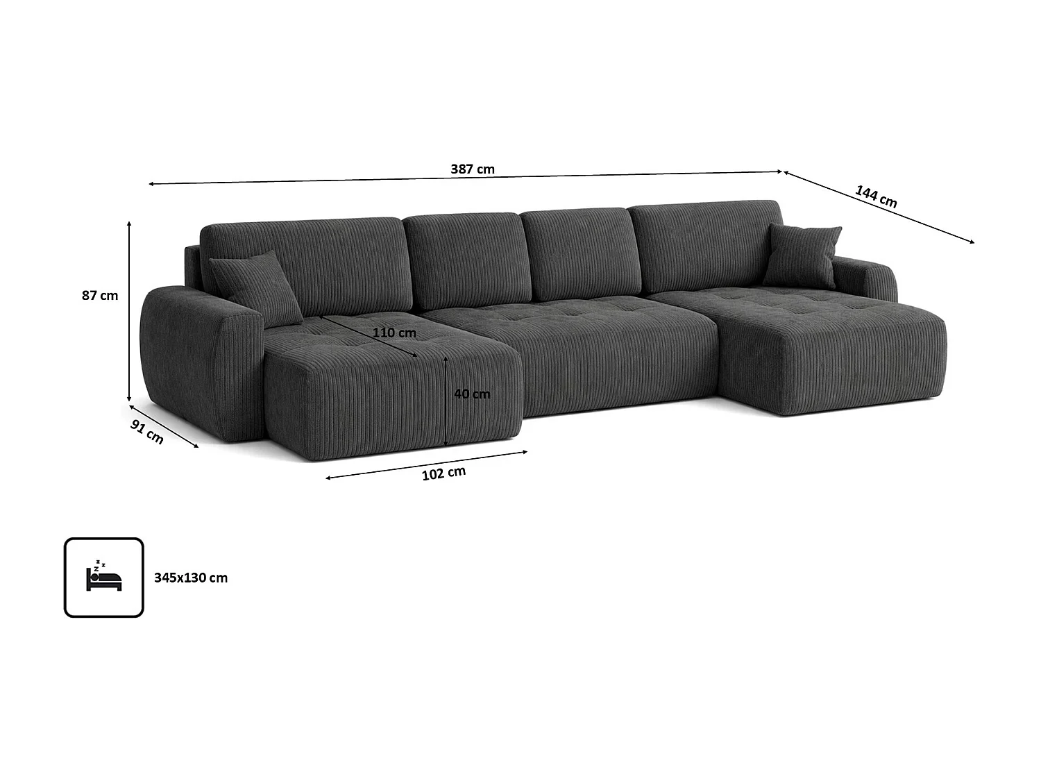 Canapé d’angle en U avec fonction couchage et coffre de rangement Ivo U XL, velours côtelé Poso, Gris