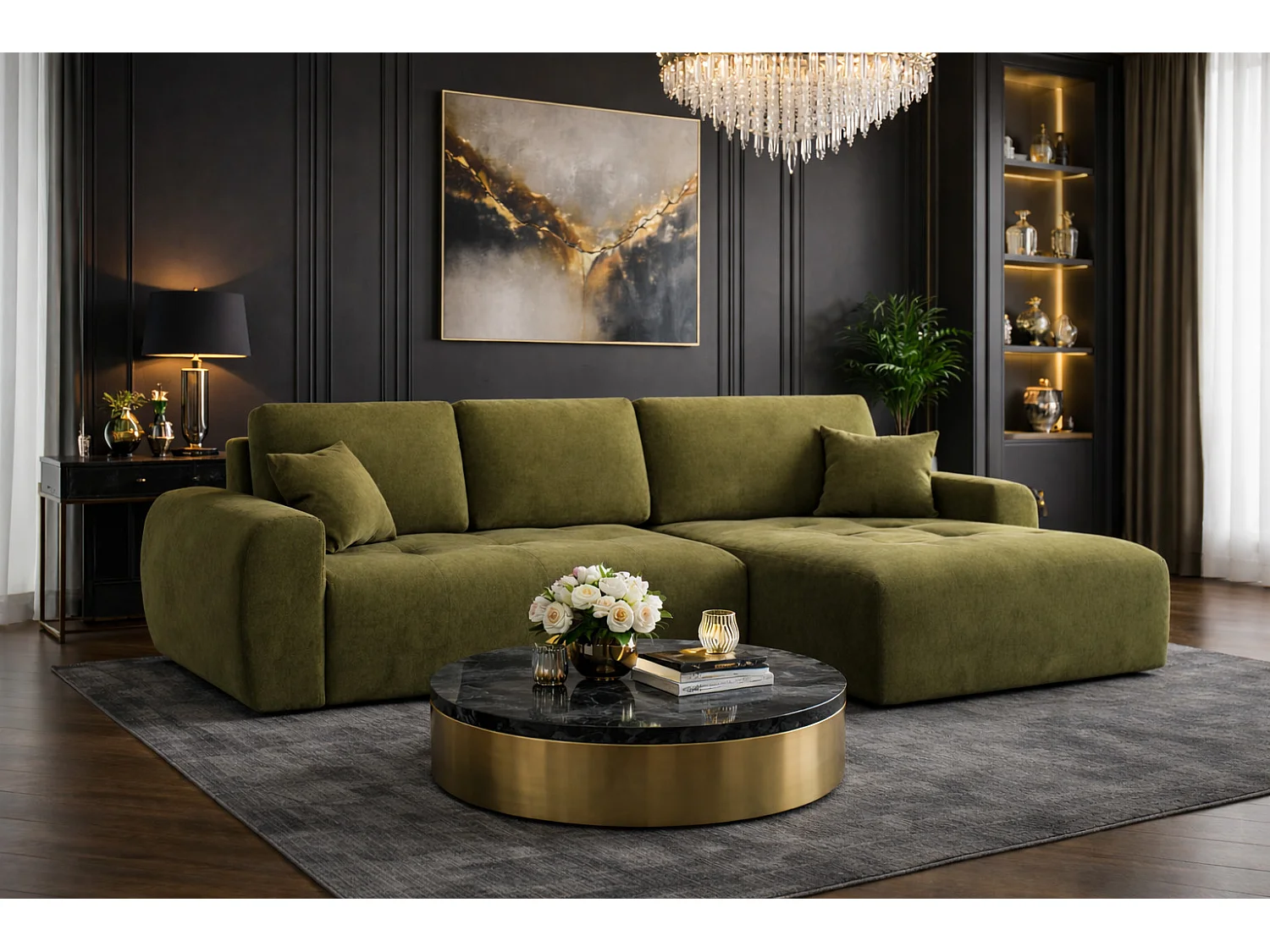 Hoekslaapbank met slaapfunctie en opbergruimte, L-vorm, Ivo L, veloursstof Salvador, Olijfgroen, Rechts