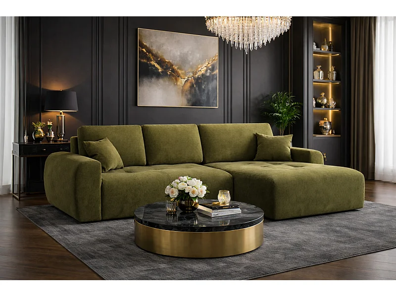 Hoekslaapbank met slaapfunctie en opbergruimte, L-vorm, Ivo L, veloursstof Salvador, Olijfgroen, Rechts