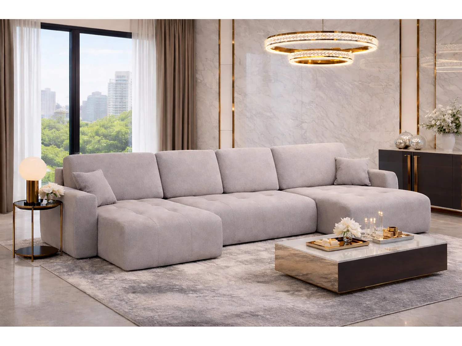 Canapé d’angle en U avec fonction couchage et coffre de rangement Ivo U XL, velours Salvador, Gris