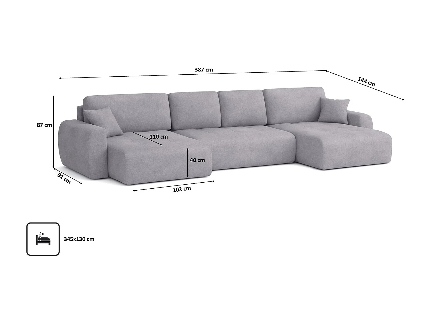 Canapé d’angle en U avec fonction couchage et coffre de rangement Ivo U XL, velours Salvador, Gris