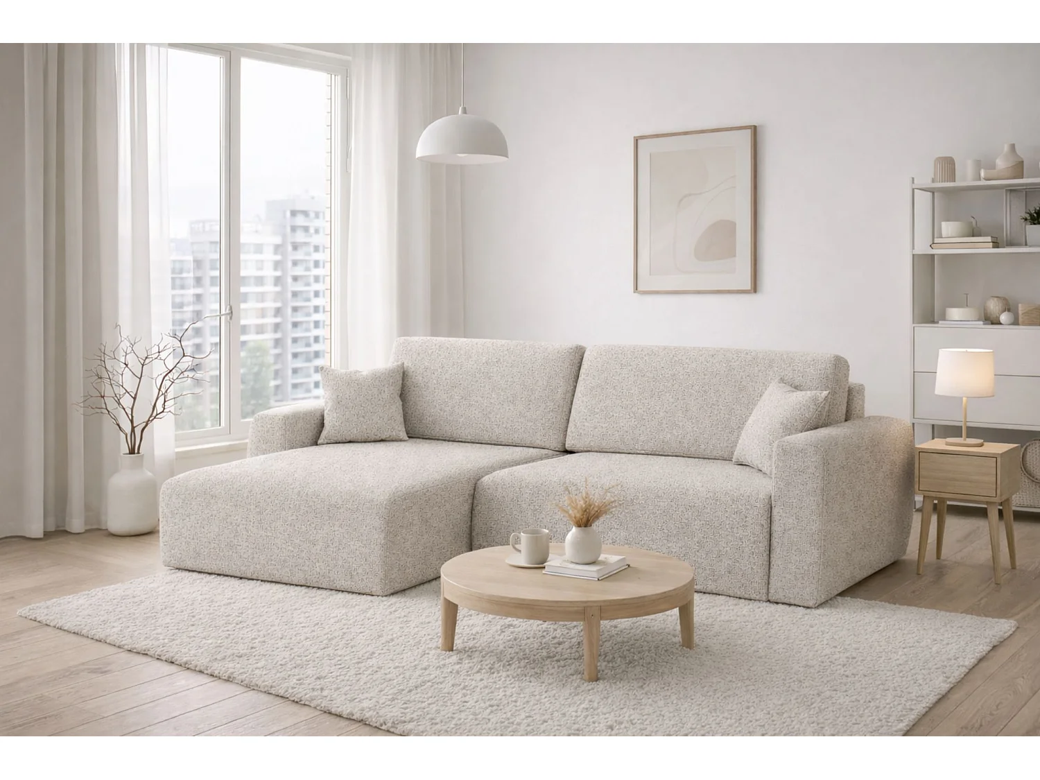 Divano angolare con funzione letto e vano contenitore, Ariel XL, tessuto ciniglia, tessuto Artico, Nata, lato sinistro