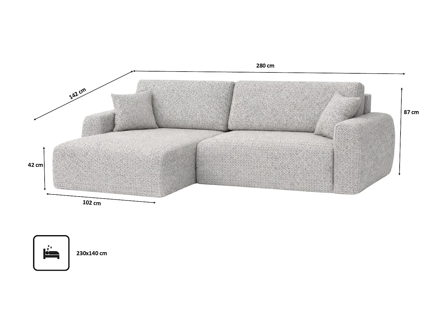 Divano angolare con funzione letto e vano contenitore, Ariel XL, tessuto ciniglia, tessuto Artico, Nata, lato sinistro