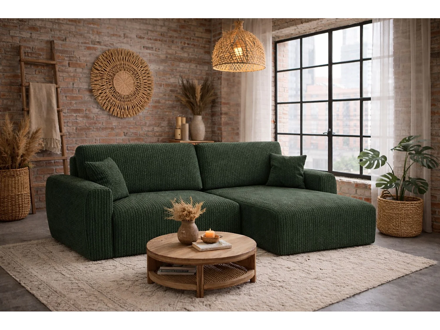 Divano angolare con funzione letto e vano contenitore, Ariel XL, tessuto velluto a coste, tessuto Poso, verde, lato destro