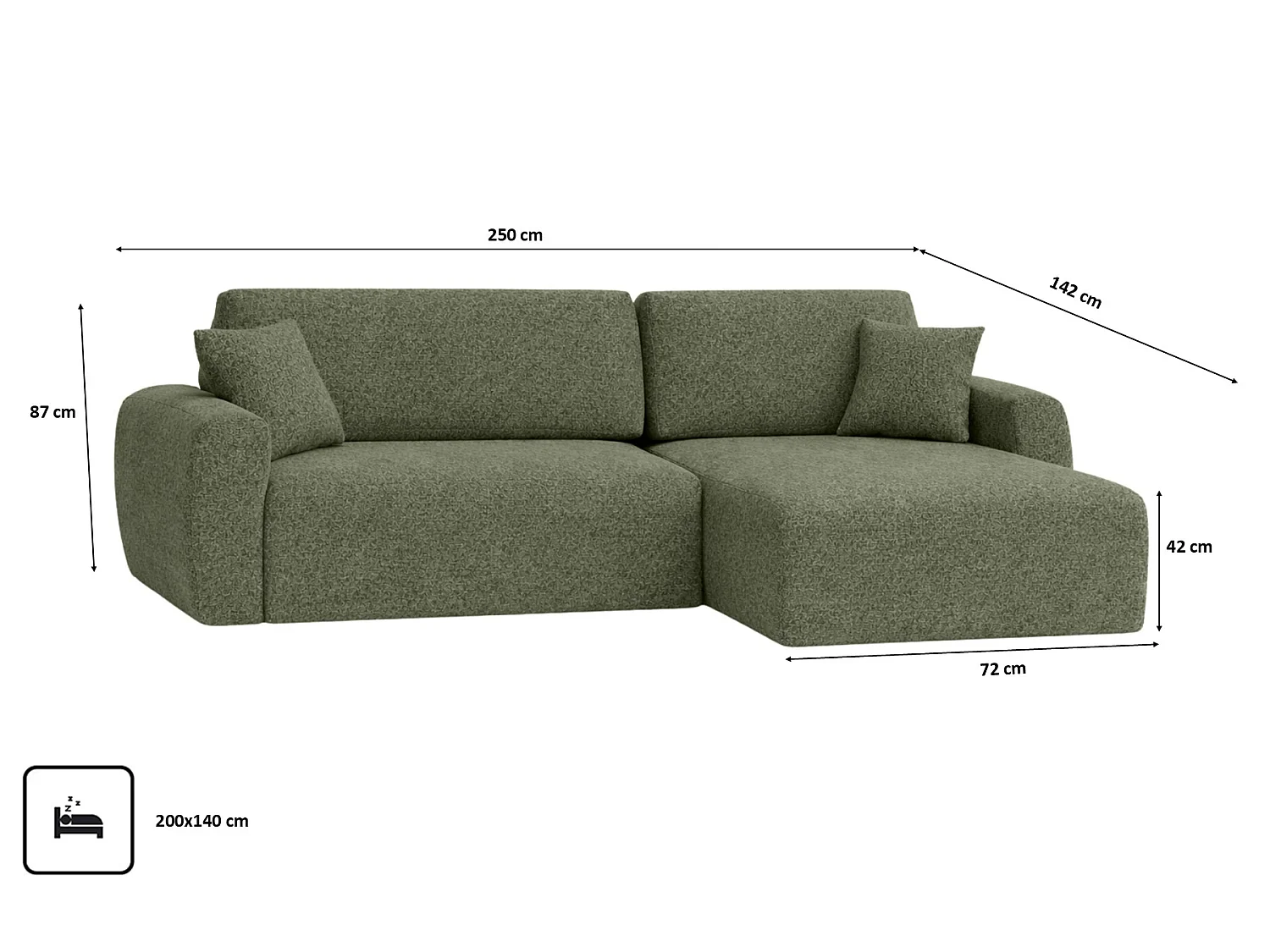Canapé d'angle droit convertible 3 places en tissu mousse vert clair