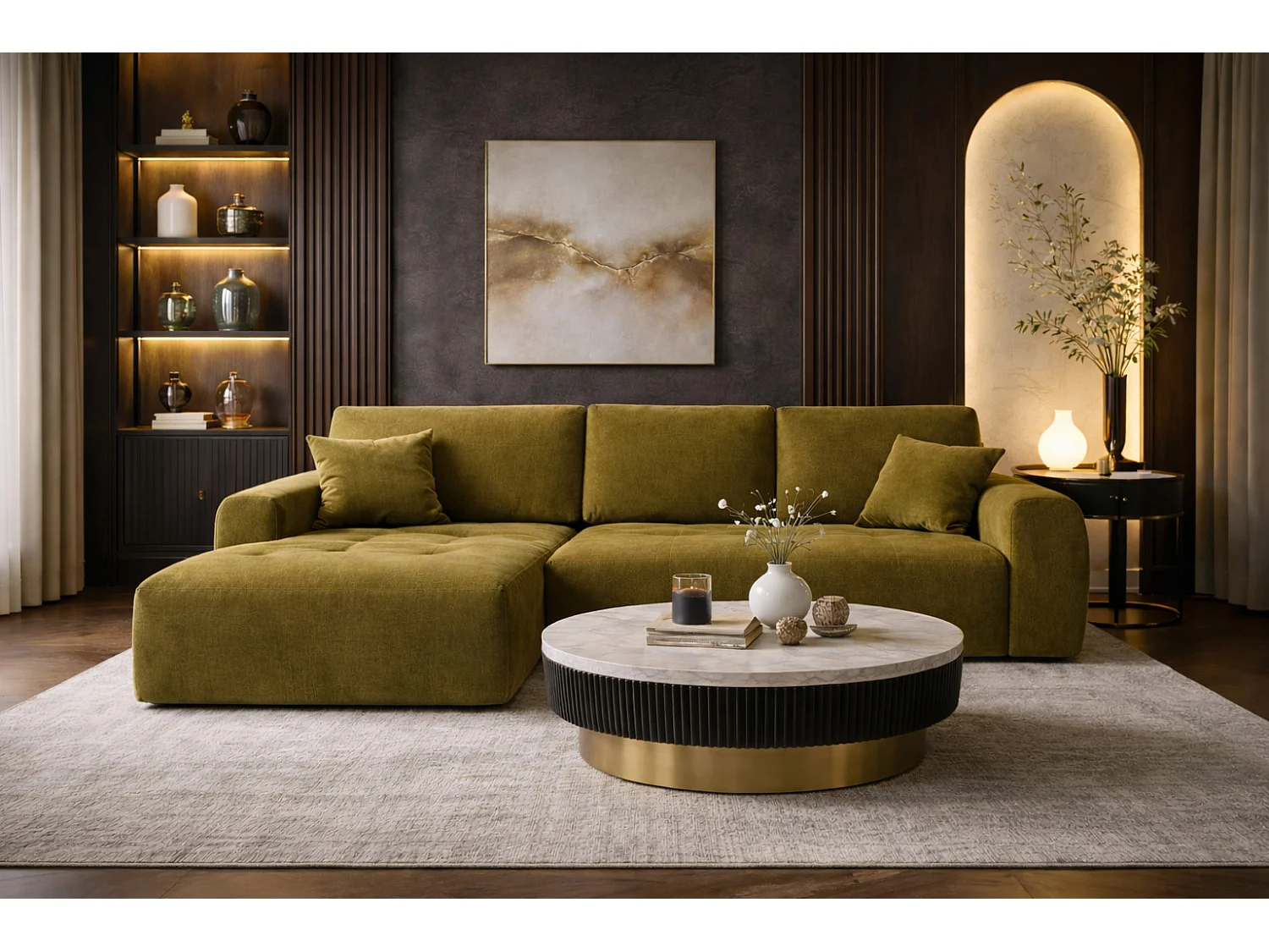 Hoekslaapbank met slaapfunctie en opbergruimte, L-vorm, Ivo XL, veloursstof Salvador, Olijfgroen, Links