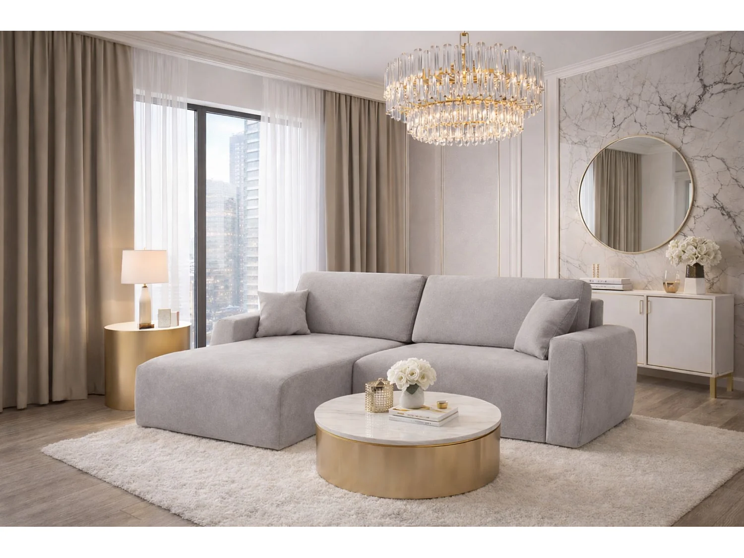 Hoekbank met slaapfunctie en opbergvak, Ariel XL, velours, stof Salvador, grijs, links