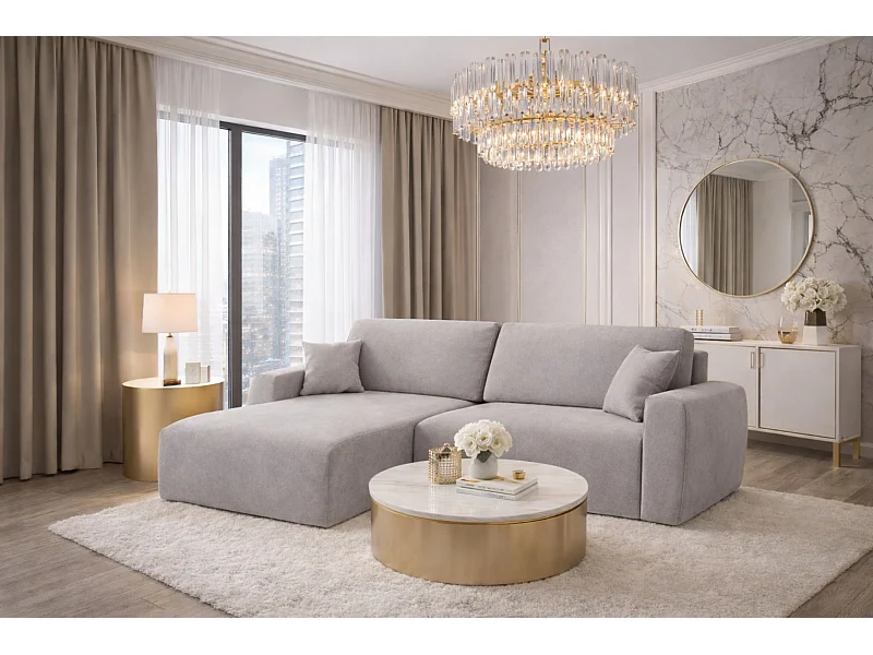 Canapé d'angle convertible avec compartiment de rangement, Ariel XL, velours, tissu Salvador, gris, côté gauche