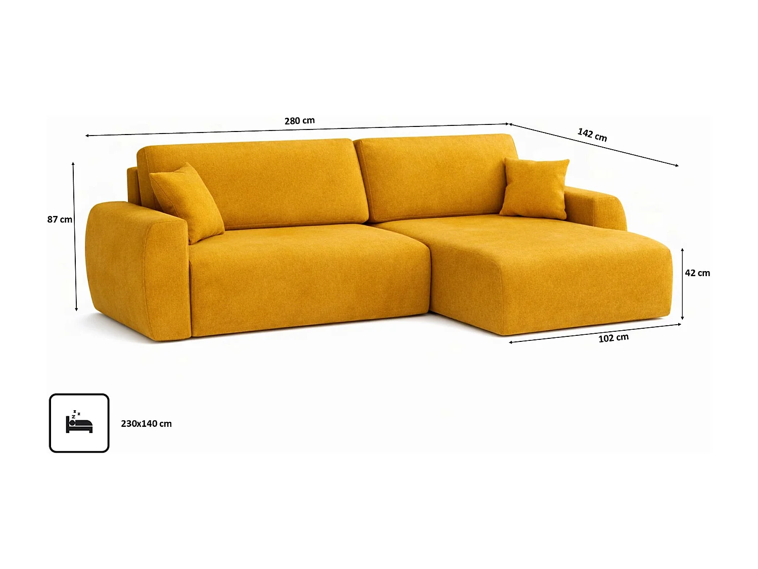 Hoekbank met slaapfunctie en opbergvak, Ariel XL, velours, stof Salvador, geel, rechts
