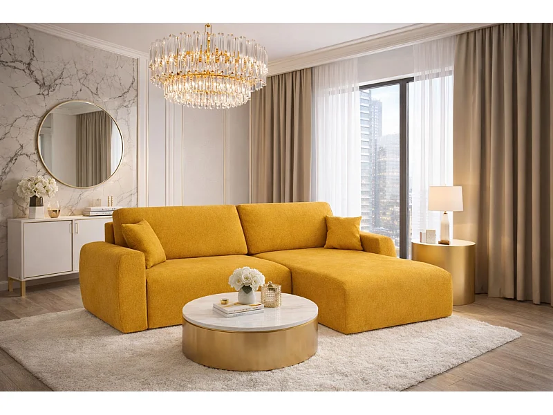 Hoekbank met slaapfunctie en opbergvak, Ariel XL, velours, stof Salvador, geel, rechts