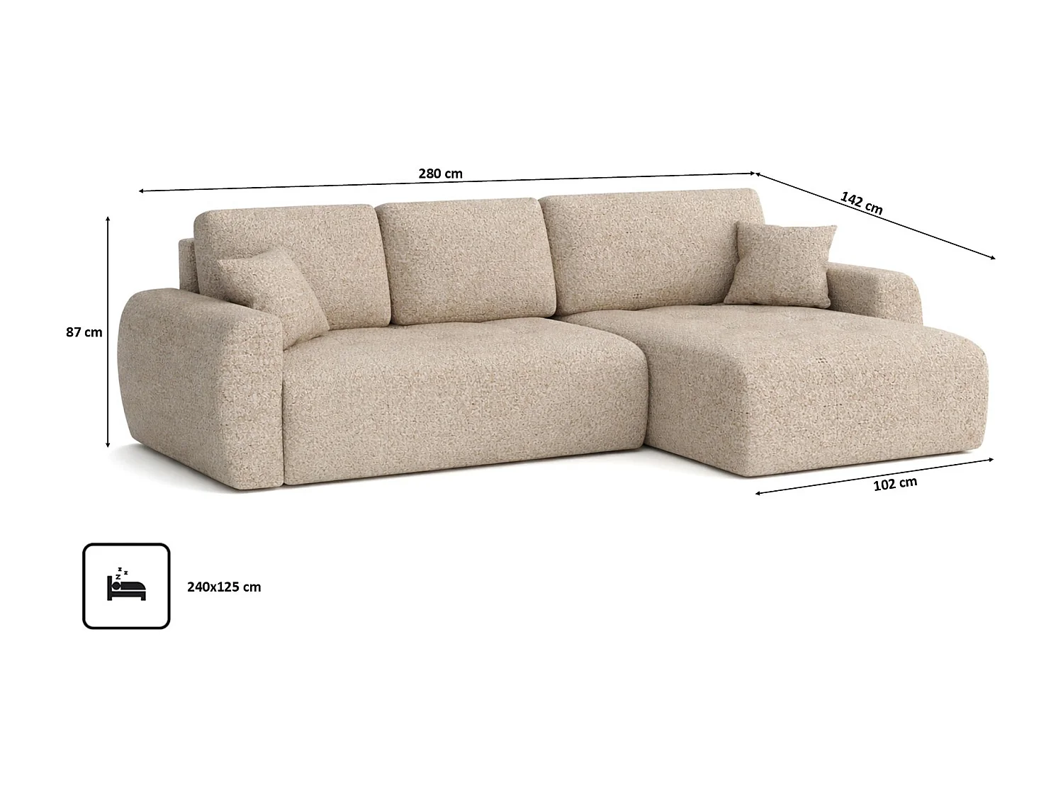 Divano angolare con funzione letto e contenitore a forma di L Ivo XL, tessuto chenille Artico, Beige, Destra