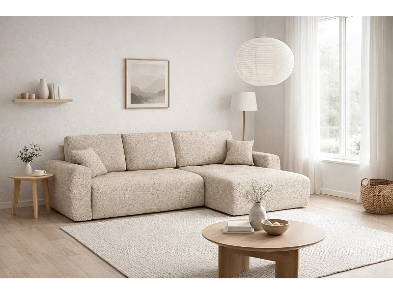 Divano angolare con funzione letto e contenitore a forma di L Ivo XL, tessuto chenille Artico, Beige, Destra