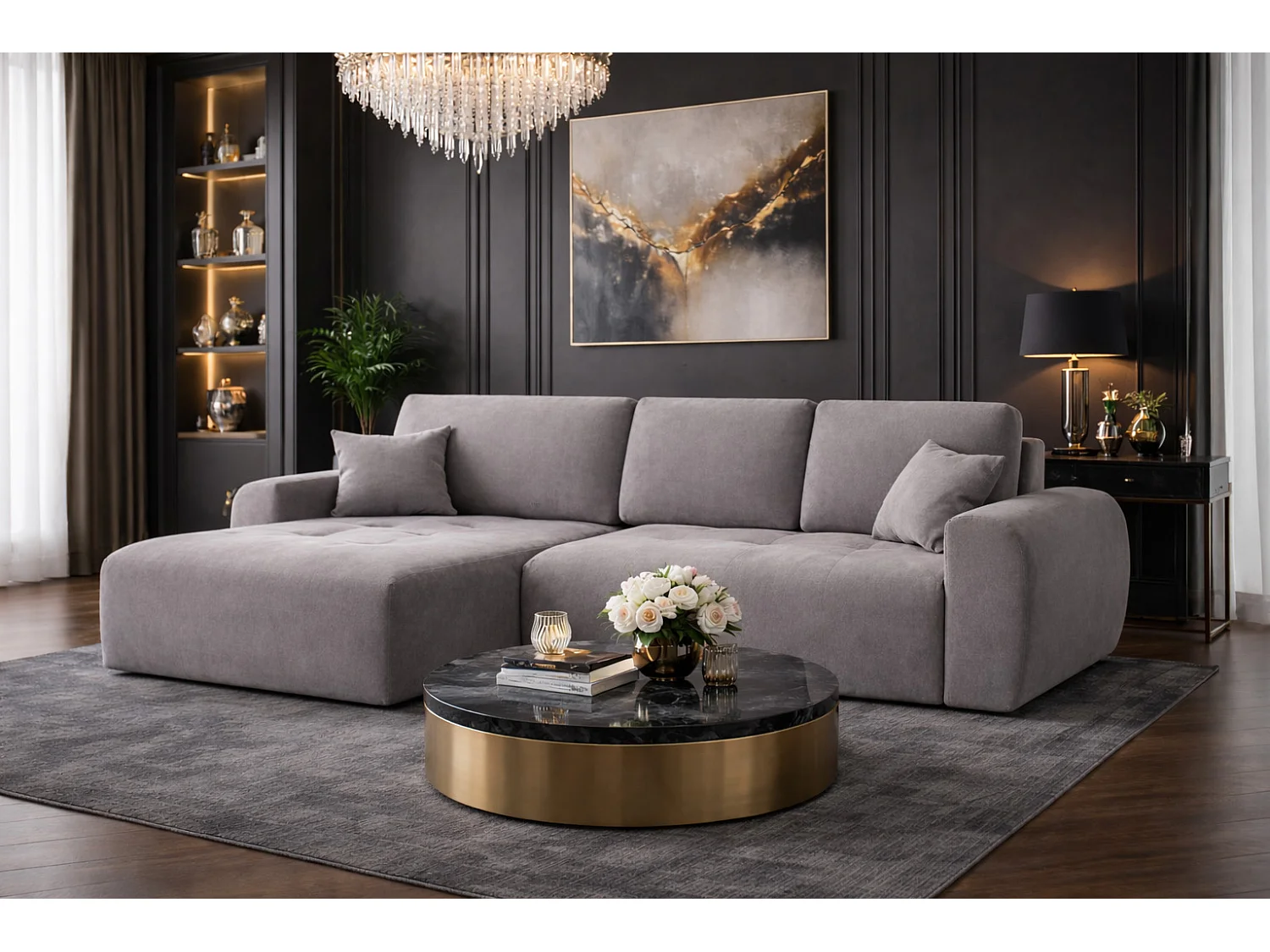 Hoekslaapbank met slaapfunctie en opbergruimte, L-vorm, Ivo L, veloursstof Salvador, Grijs, Links