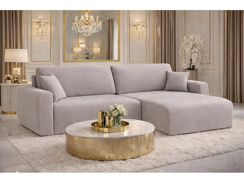 Canapé d'angle convertible avec coffre de rangement Ariel L, velours, tissu Salvador, gris, côté droit