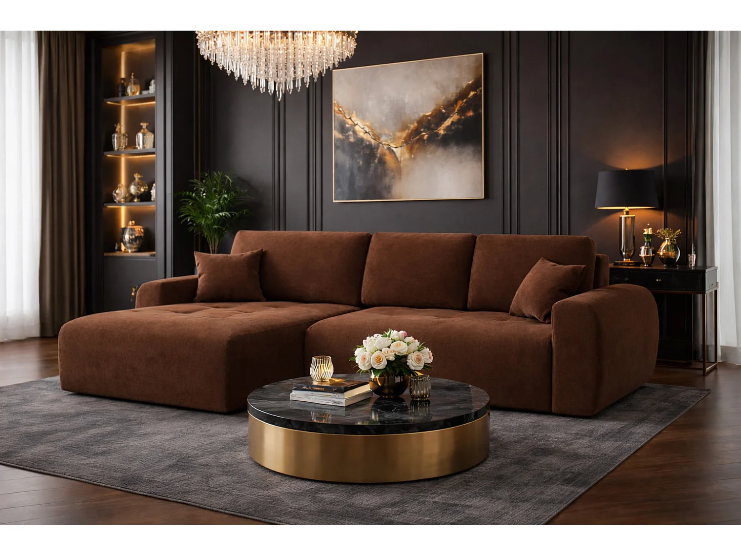 Hoekslaapbank met slaapfunctie en opbergruimte, L-vorm, Ivo L, veloursstof Salvador, Donkerbruin, Links