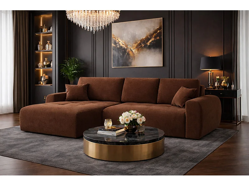 Ecksofa mit Schlaffunktion und Bettkasten L-Form Ivo L, Veloursstoff Salvador, Dunkelbraun, Links