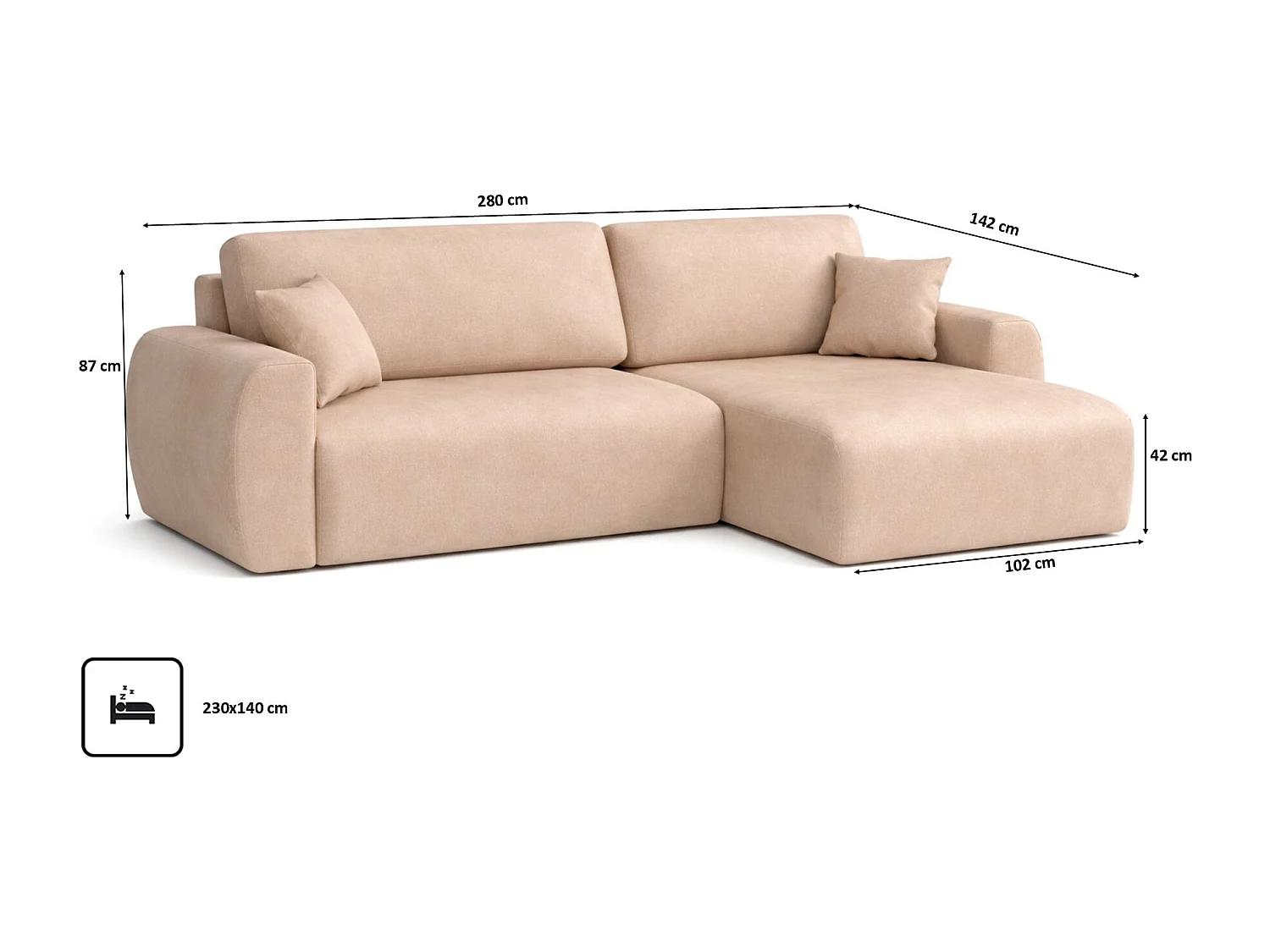 Hoekbank met slaapfunctie en opbergvak, Ariel XL, velours, stof Salvador, beige, rechts