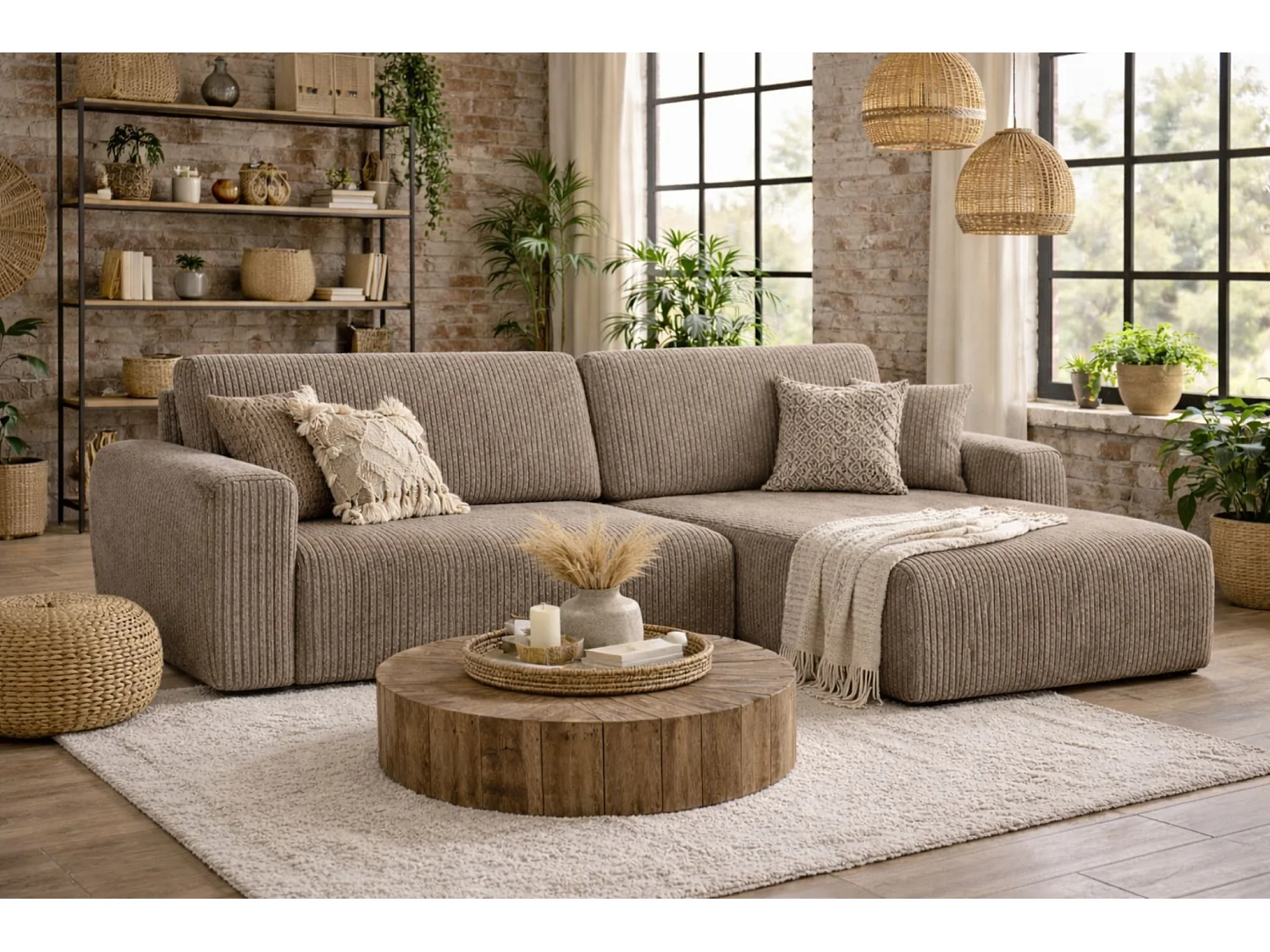 Canapé d'angle convertible avec coffre de rangement Ariel L, tissu côtelé, tissu Poso, beige foncé, côté droit