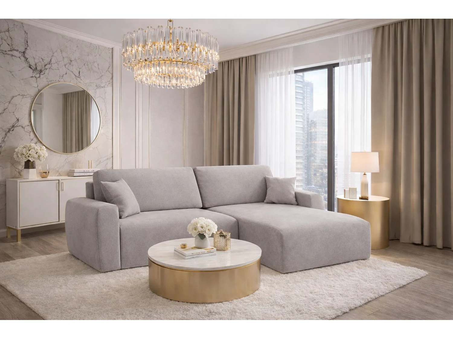 Hoekbank met slaapfunctie en opbergvak, Ariel XL, velours, stof Salvador, grijs, rechts