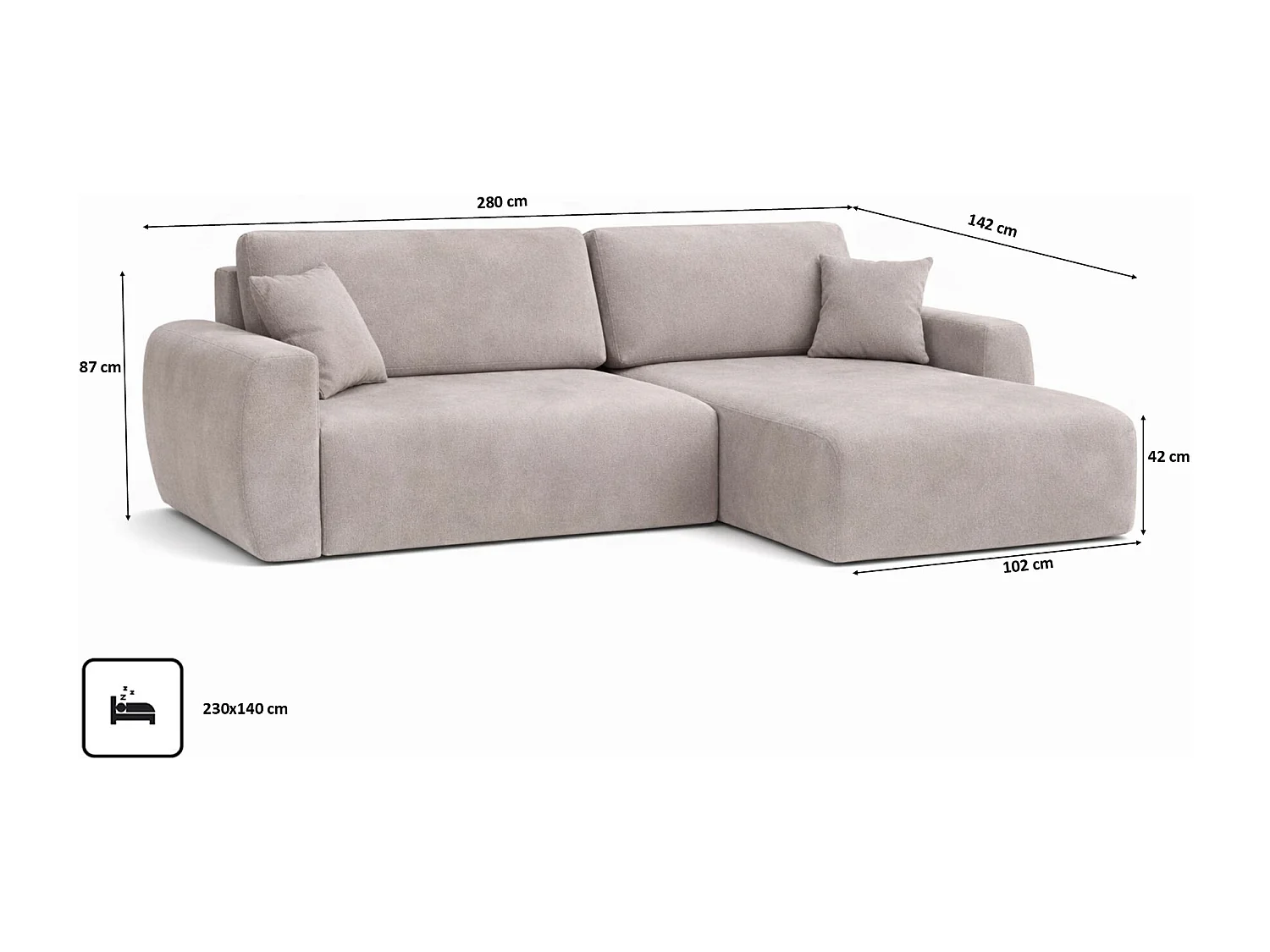 Hoekbank met slaapfunctie en opbergvak, Ariel XL, velours, stof Salvador, grijs, rechts