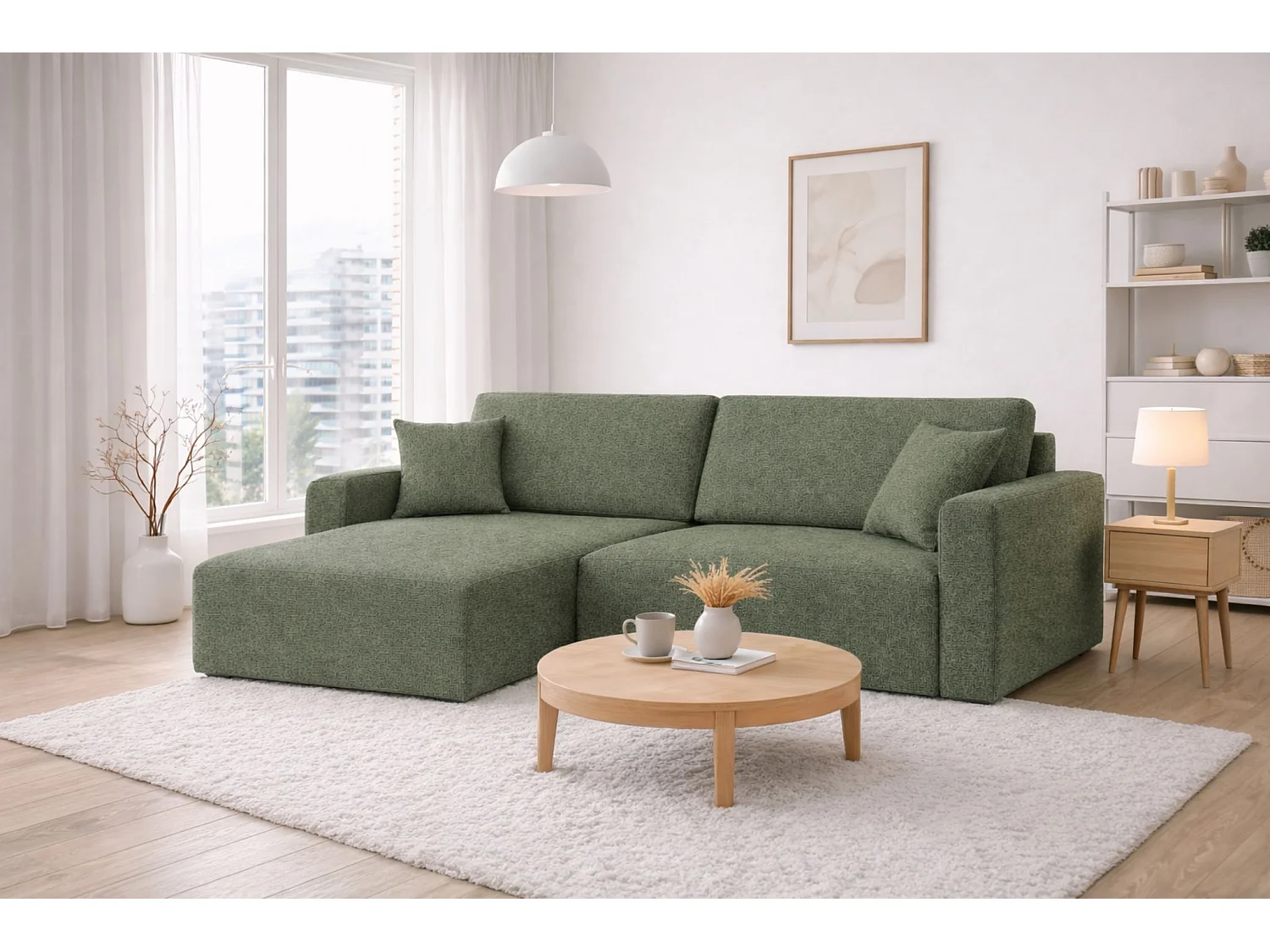 Hoekbank met slaapfunctie en opbergvak, Ariel XL, chenille stof, Artico stof, mosgroen, links