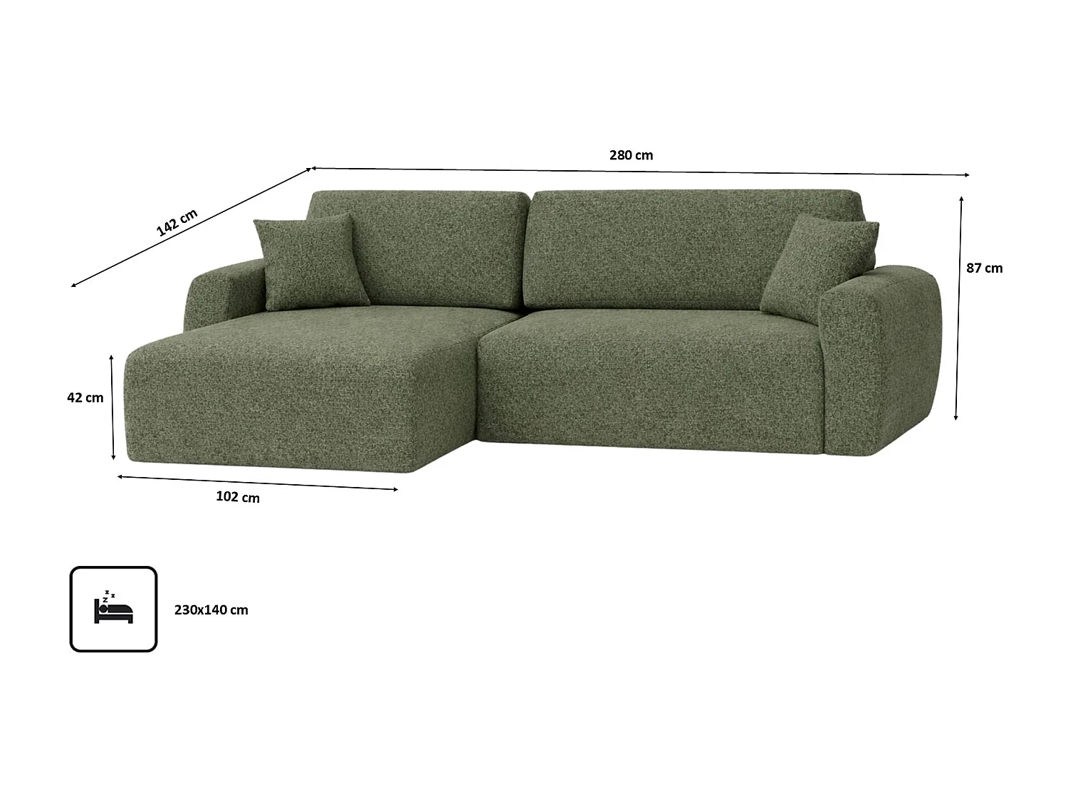 Hoekbank met slaapfunctie en opbergvak, Ariel XL, chenille stof, Artico stof, mosgroen, links