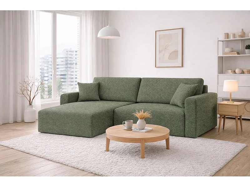 Hoekbank met slaapfunctie en opbergvak, Ariel XL, chenille stof, Artico stof, mosgroen, links