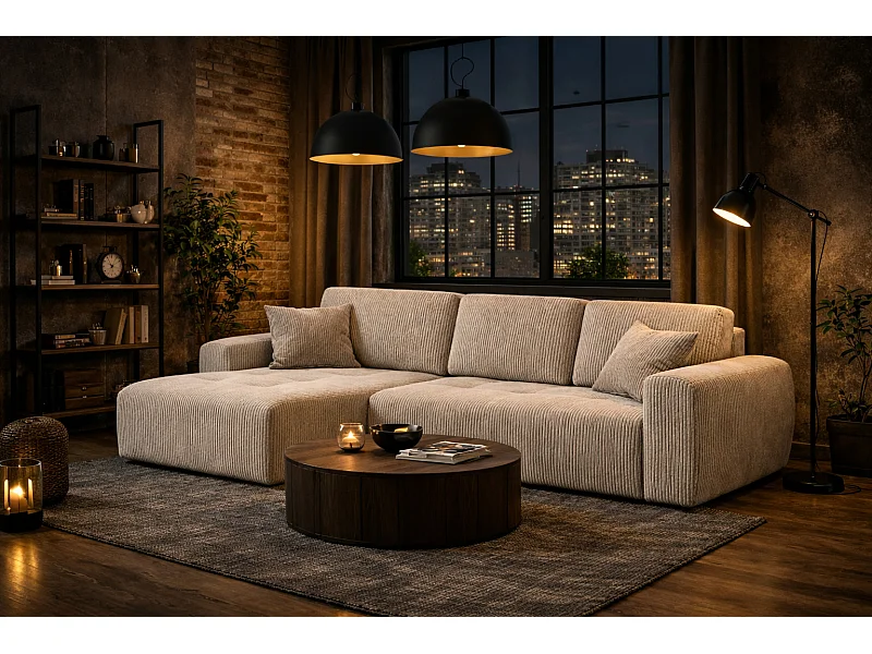 Hoekslaapbank met slaapfunctie en opbergruimte, L-vorm, Ivo L, ribstof Poso, Donkerbeige, Links