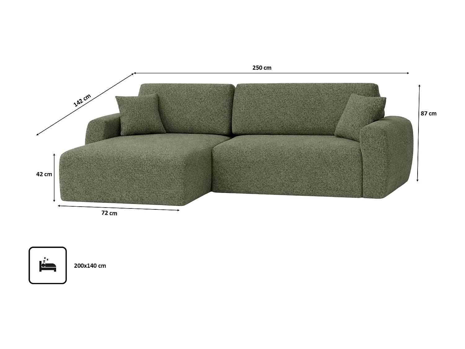 Hoekbank met slaapfunctie en opbergruimte Ariel L, chenille stof, Artico stof, Mosgroen, links