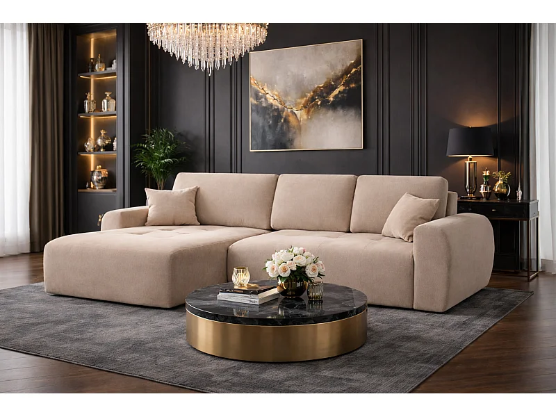 Hoekslaapbank met slaapfunctie en opbergruimte, L-vorm, Ivo L, veloursstof Salvador, Beige, Links