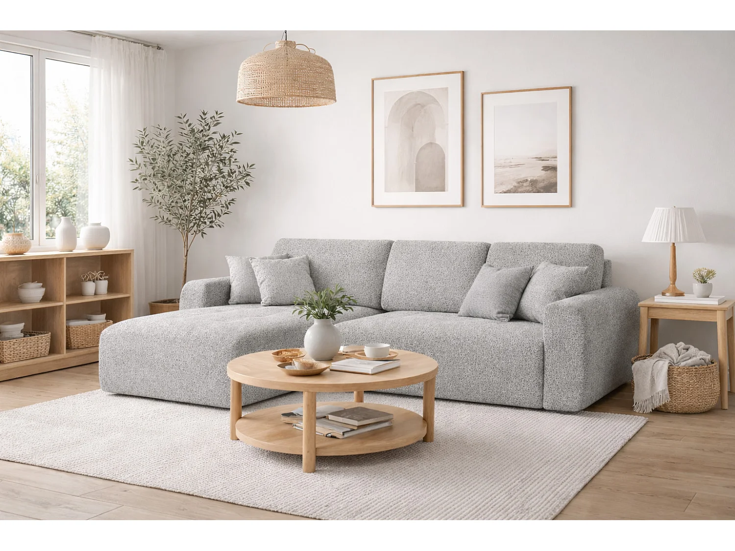 Divano angolare con funzione letto e contenitore a forma di L Ivo L, tessuto chenille Artico, Cement, Sinistra