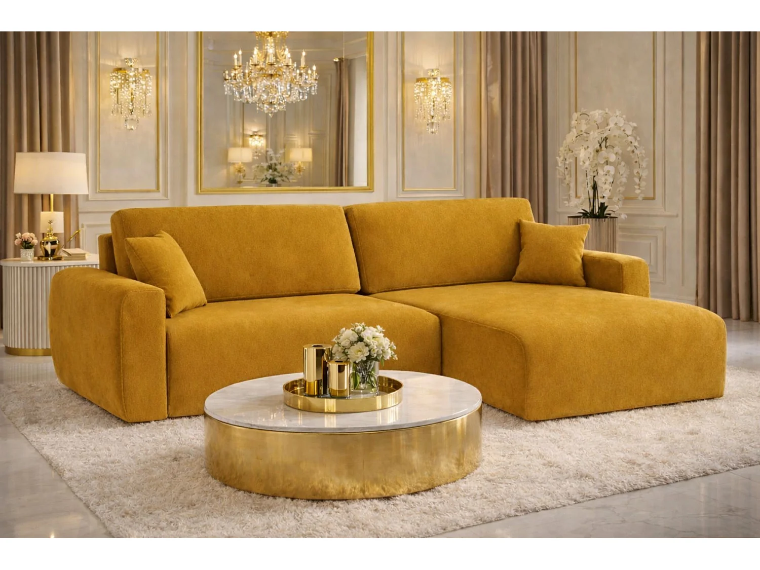 Hoekbank met slaapfunctie en opbergruimte Ariel L, velours, stof Salvador, geel, rechts