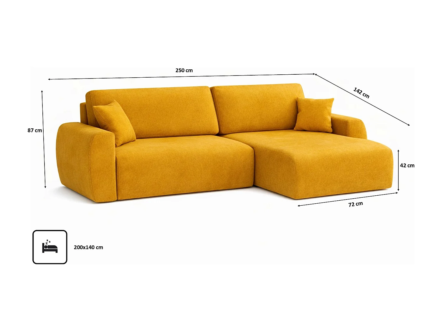 Hoekbank met slaapfunctie en opbergruimte Ariel L, velours, stof Salvador, geel, rechts