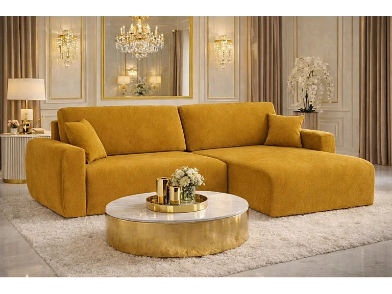 Hoekbank met slaapfunctie en opbergruimte Ariel L, velours, stof Salvador, geel, rechts