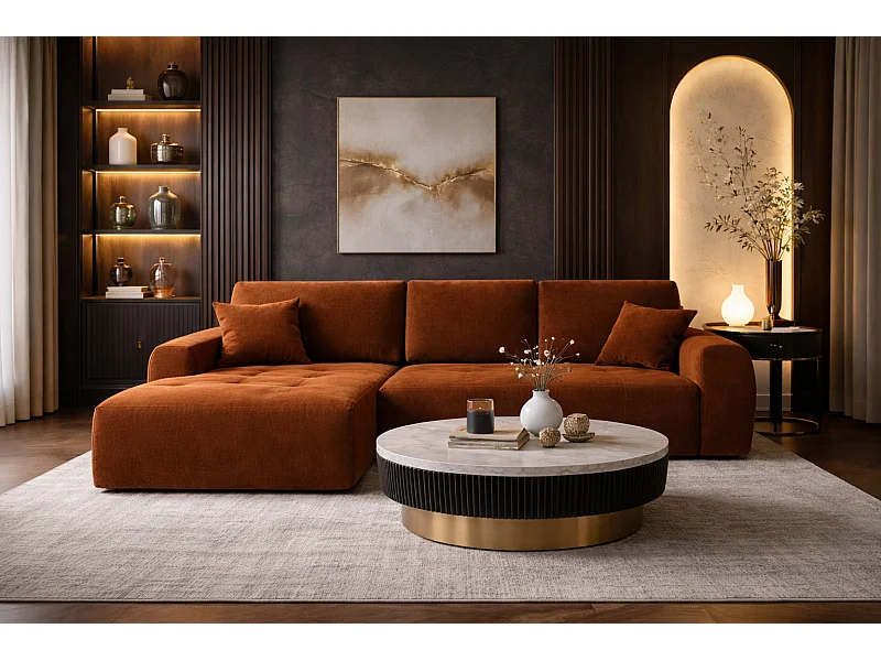 Ecksofa mit Schlaffunktion und Bettkasten L-Form Ivo XL, Veloursstoff Salvador, Dunkelbraun, Links