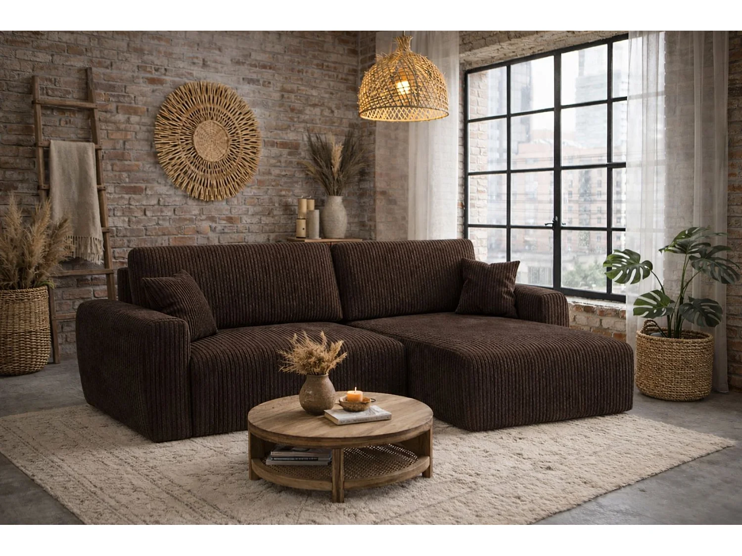 Divano angolare con funzione letto e vano contenitore, Ariel XL, tessuto velluto a coste, tessuto Poso, marrone, lato destro