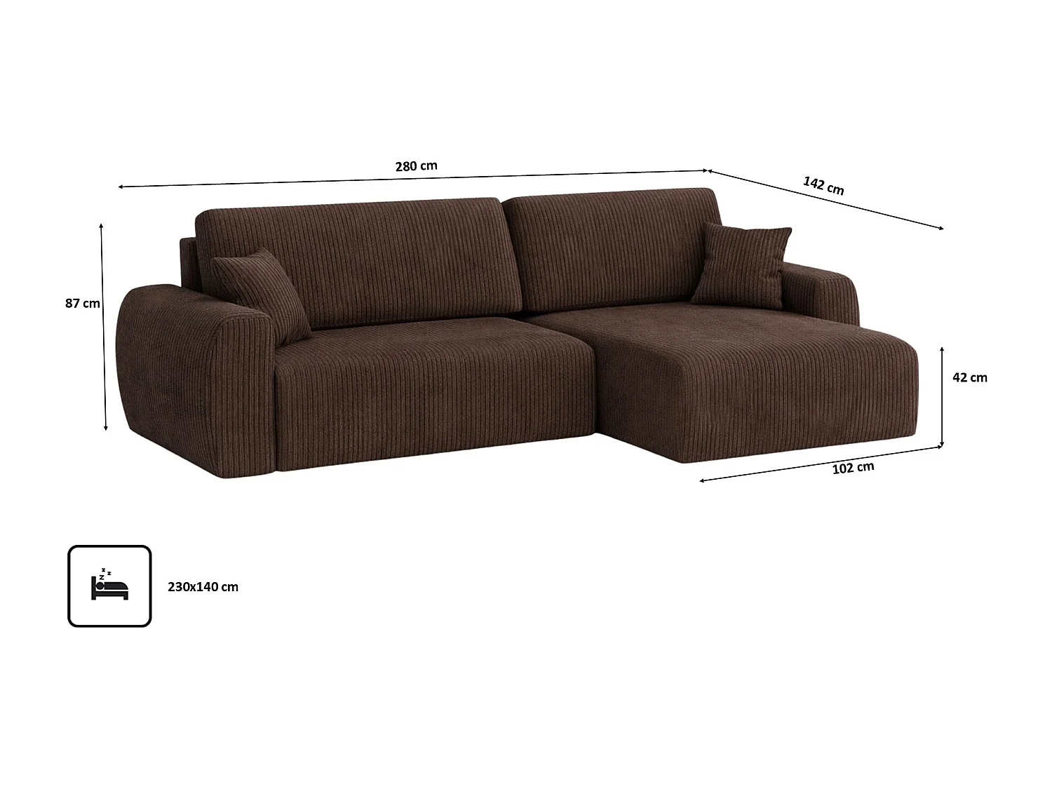 Divano angolare con funzione letto e vano contenitore, Ariel XL, tessuto velluto a coste, tessuto Poso, marrone, lato destro