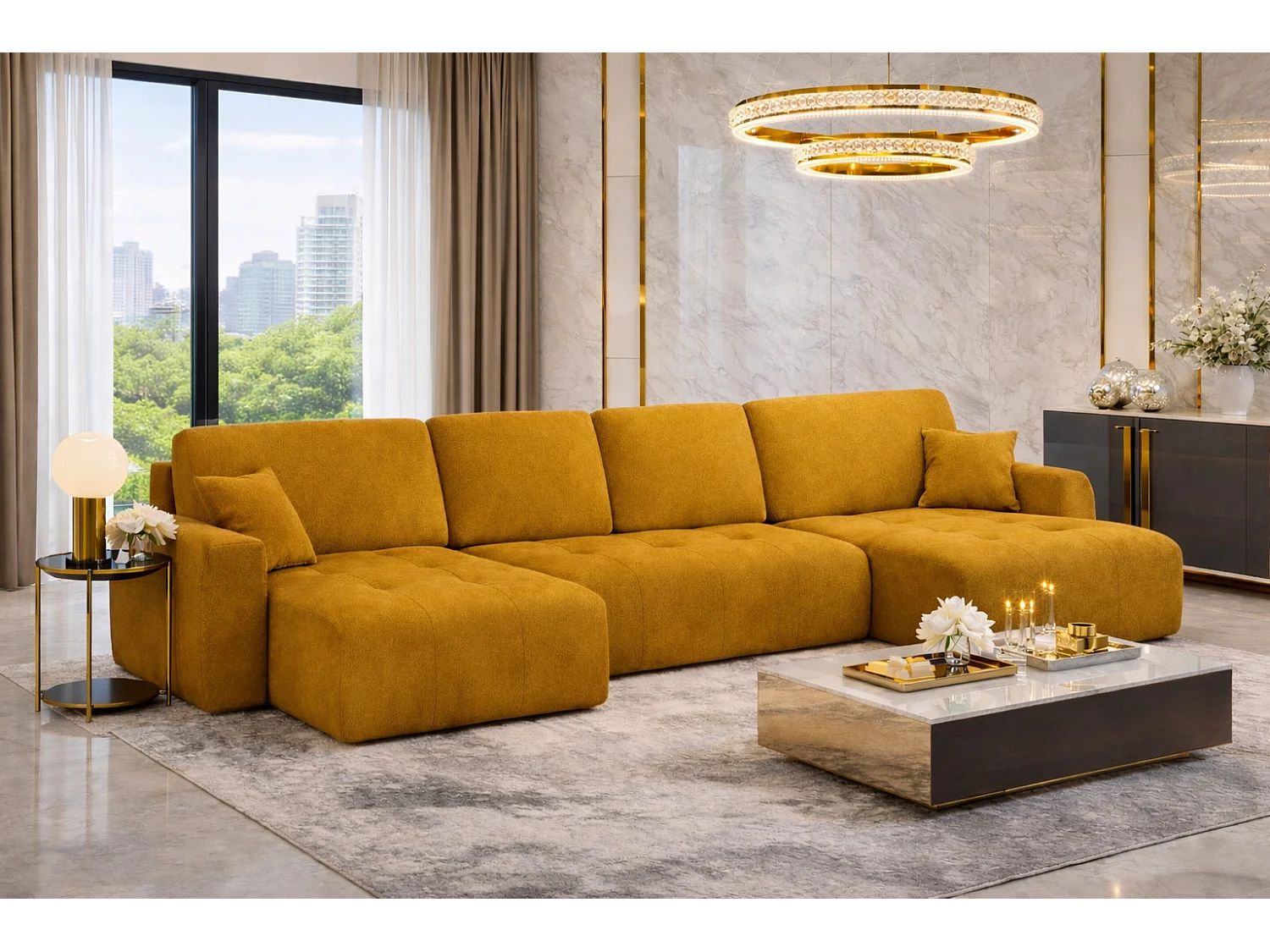 Hoekbank in U-vorm met slaapfunctie en opbergruimte Ivo U, velours Salvador, Geel